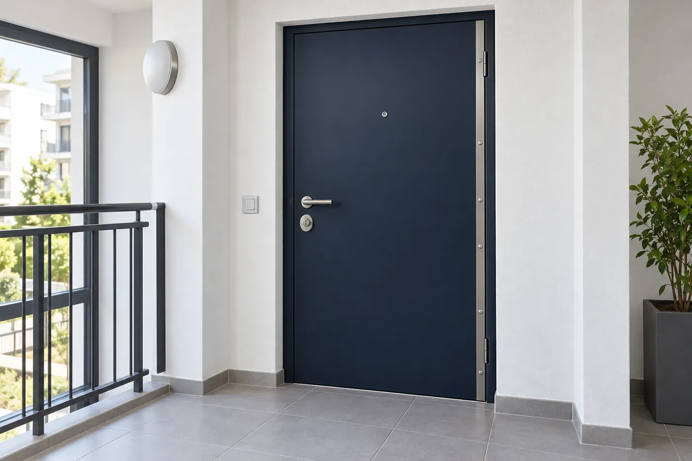 Porte d'entrée blindée bleu marine avec protège-cylindre sur un palier d'immeuble lumineux